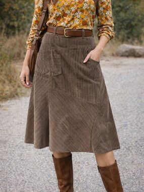 Simon Chang Corduroy Skirt Brown Patchwork A-Line Size 12 Boho 70s